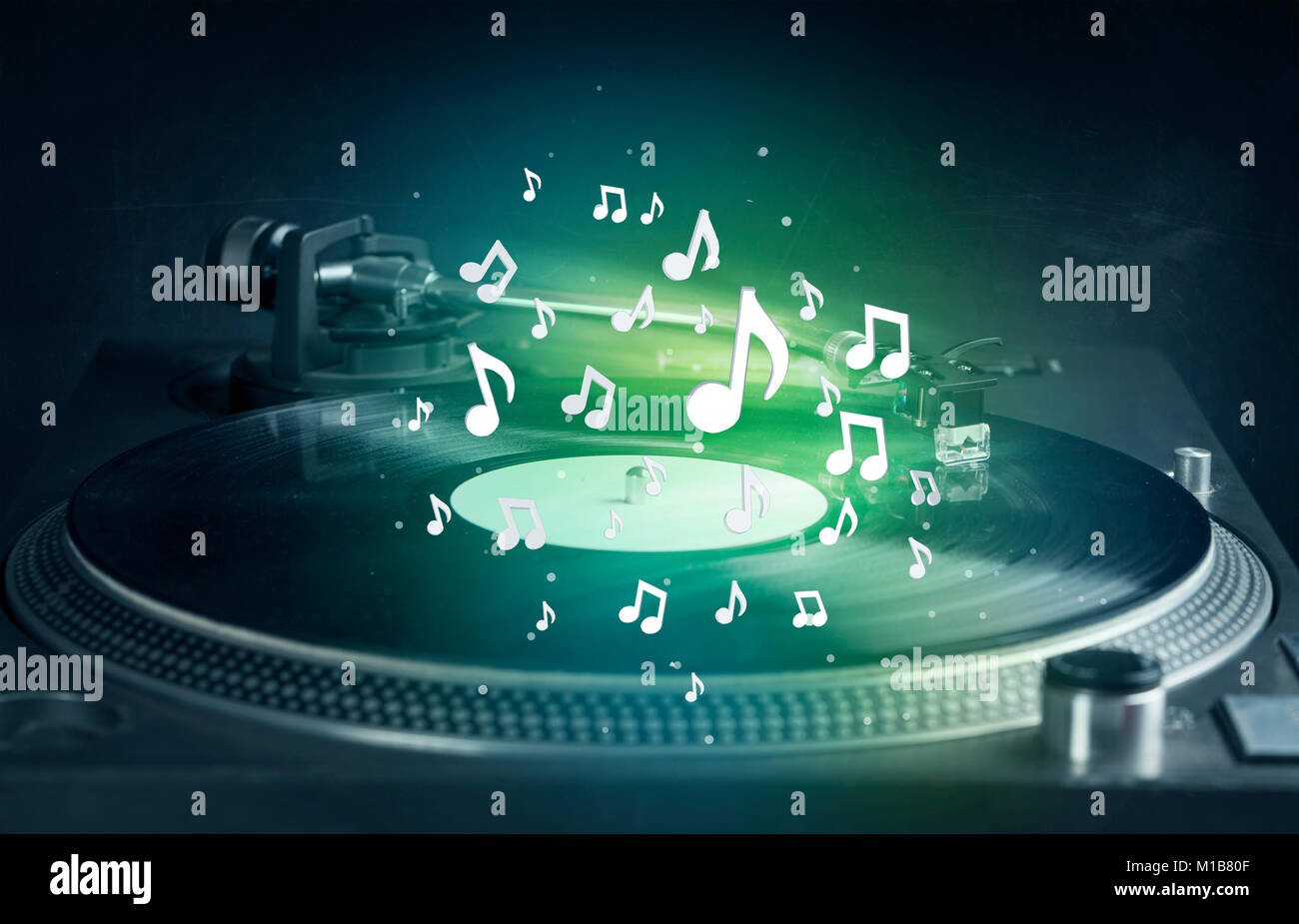 Turntable Playing Music With Audio Notes Glowing Concept On Background Stock Photo Alamy