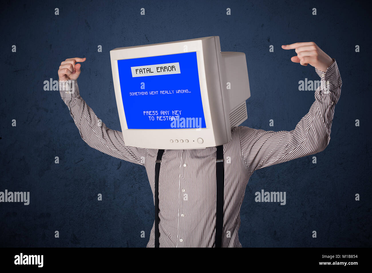 Person with a monitor head and fatal error blue screen on the display