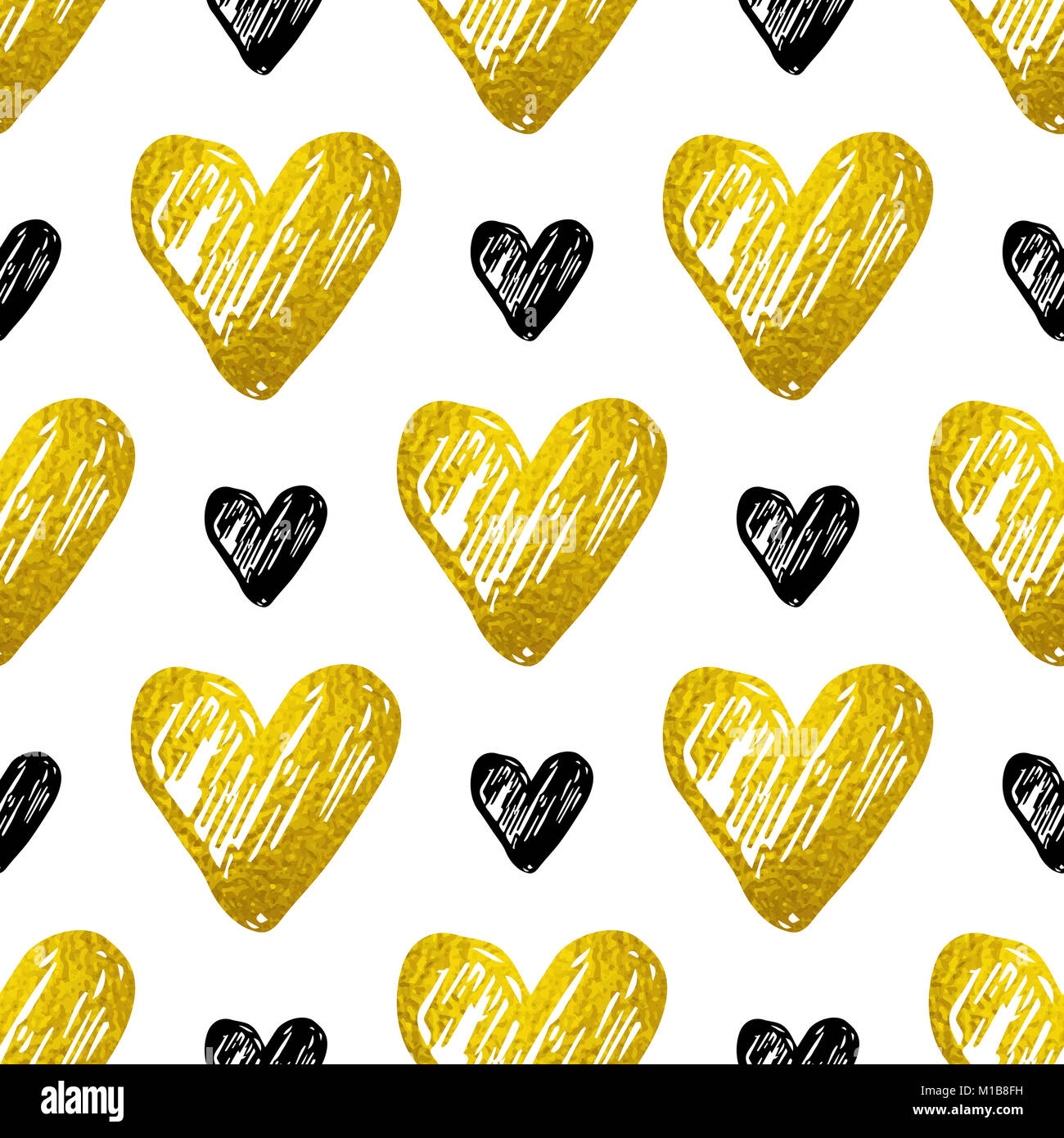 Decorative festive seamless pattern with golden and black hearts on a ...