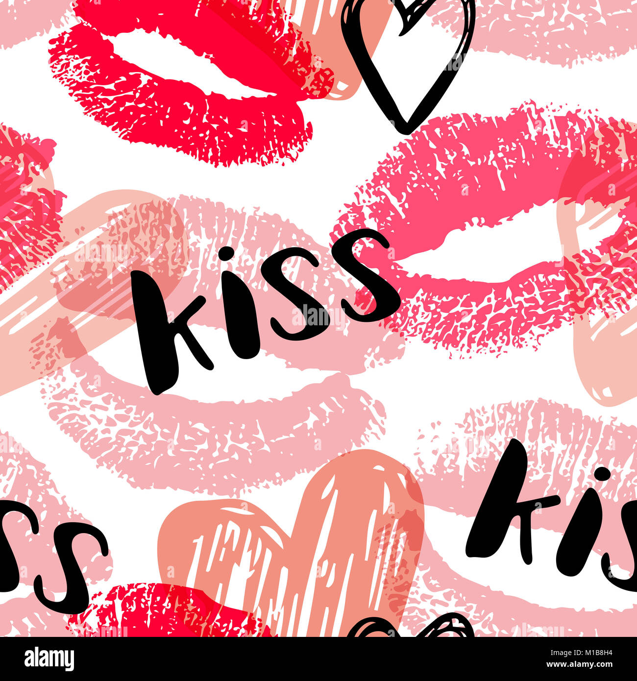 Seamless pattern with pink and red stamps of lipstick kisses. Romantic background for Valentine's day. Stock Photo