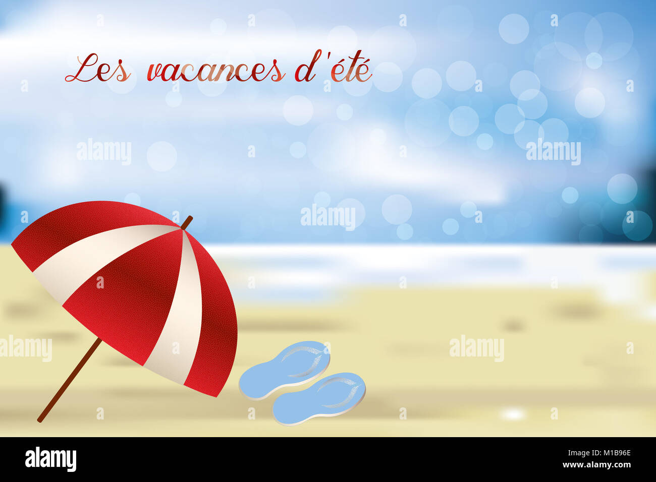 Parasol And Beach Slippers On Retro Beach With Blue Ocean And Sky And French Words For Summer Vacation Stock Photo Alamy Parasol And Beach Slippers On Retro Beach With Blue Ocean And Sky And French Words For Summer Vacation Stock Photo Alamy