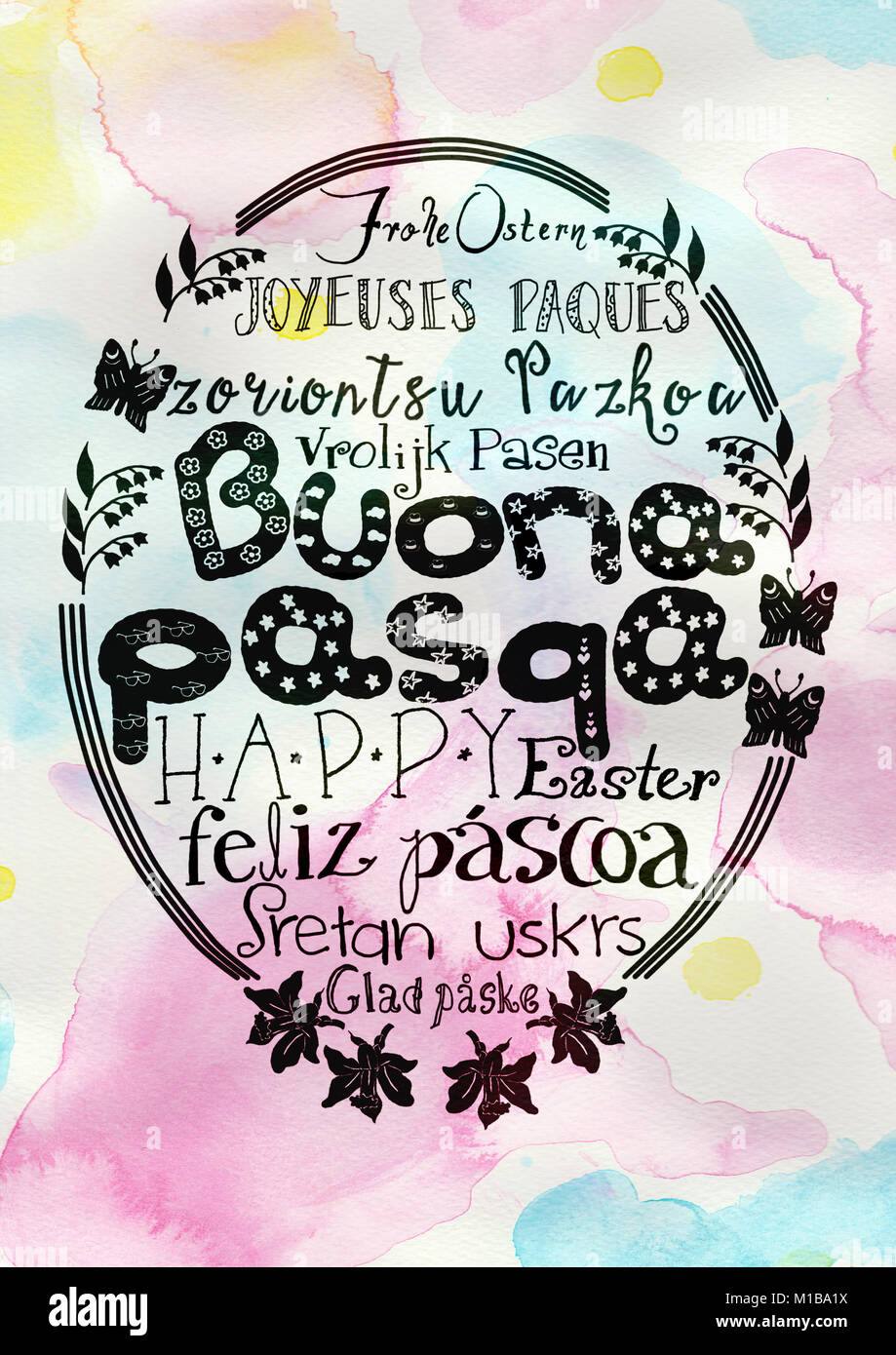 Hand lettering "Happy Easter" as text in multiple languages with hand