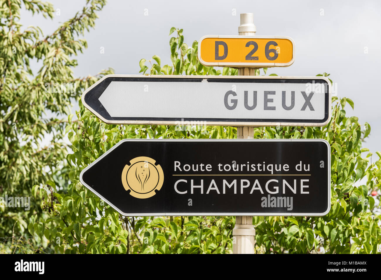 Vrigny, France - September 12, 2017: Sign of the Champagne route in Champagne-Ardennes, France. Stock Photo