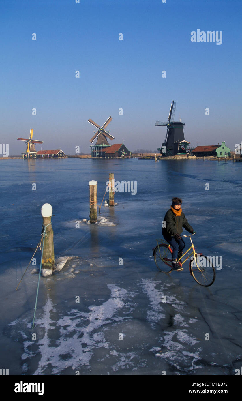 The Netherlands. Zaanse Schans. Historical windmill complex. Winter. Frozen river called De Zaan. Cyclist on ice. Stock Photo