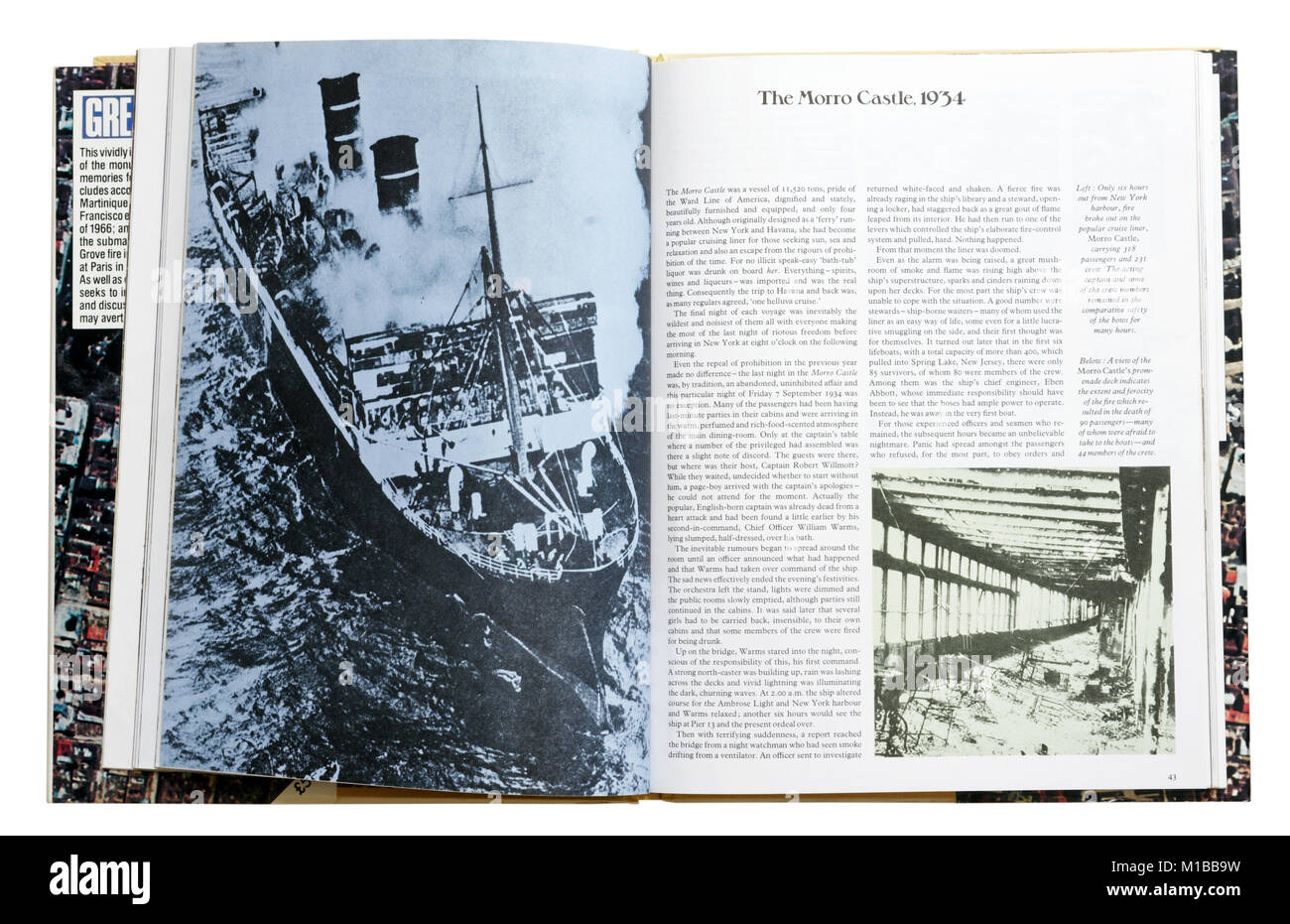 A book of disasters open to the page about the Morro Castle cruise liner fire Stock Photo