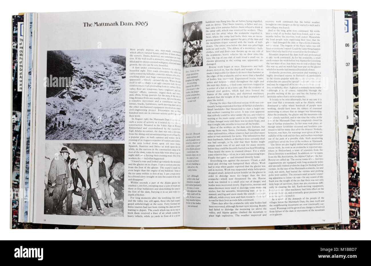 A book of disasters open to the page about the 1965 Mattmark Dam avalanche Stock Photo