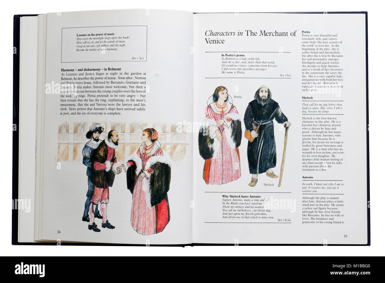 An illustrated book of Shakespeare's plays open at The Merchant of Venice Stock Photo