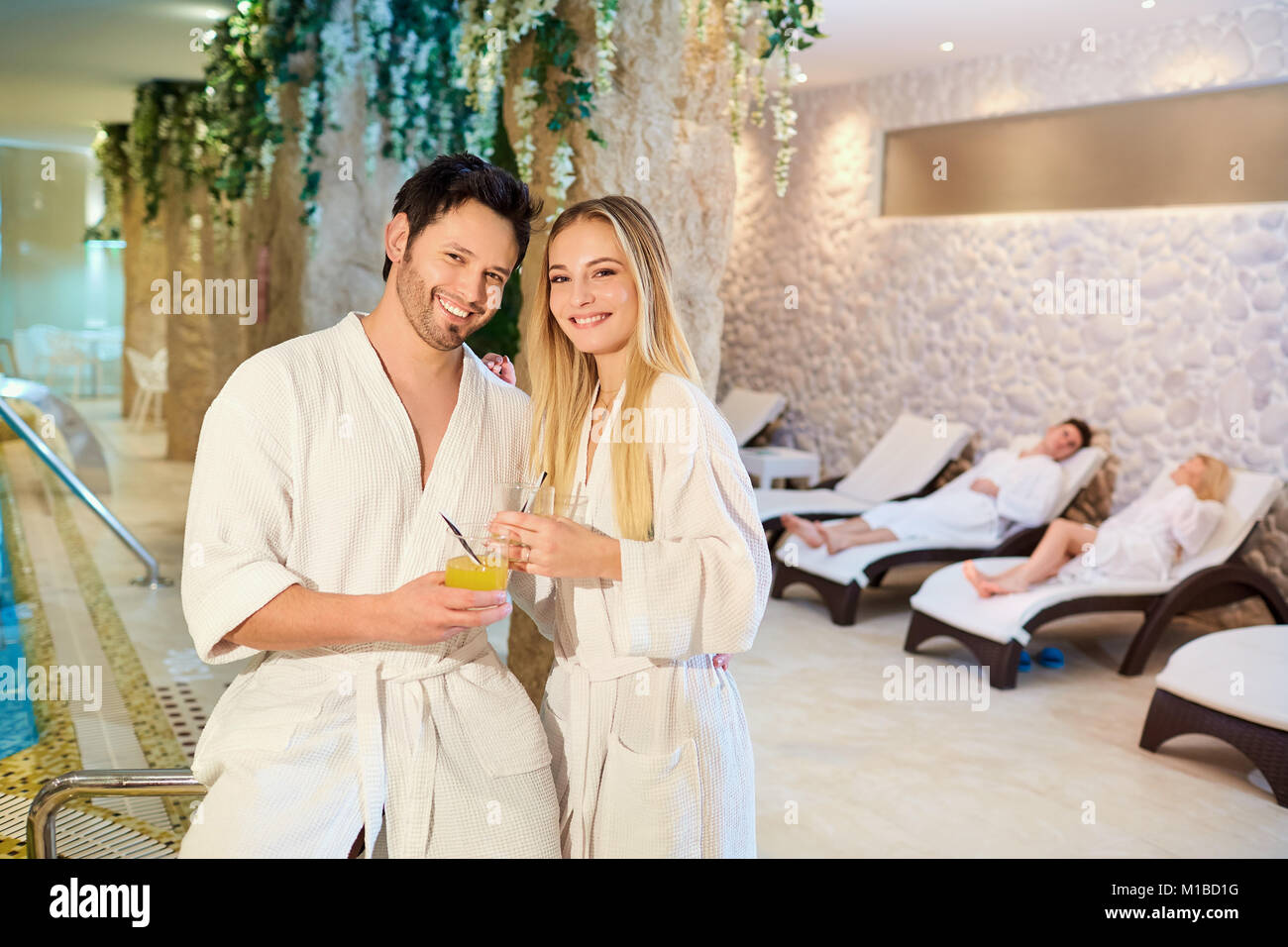 A couple in the bathrobes at the spa Stock Photo Alamy