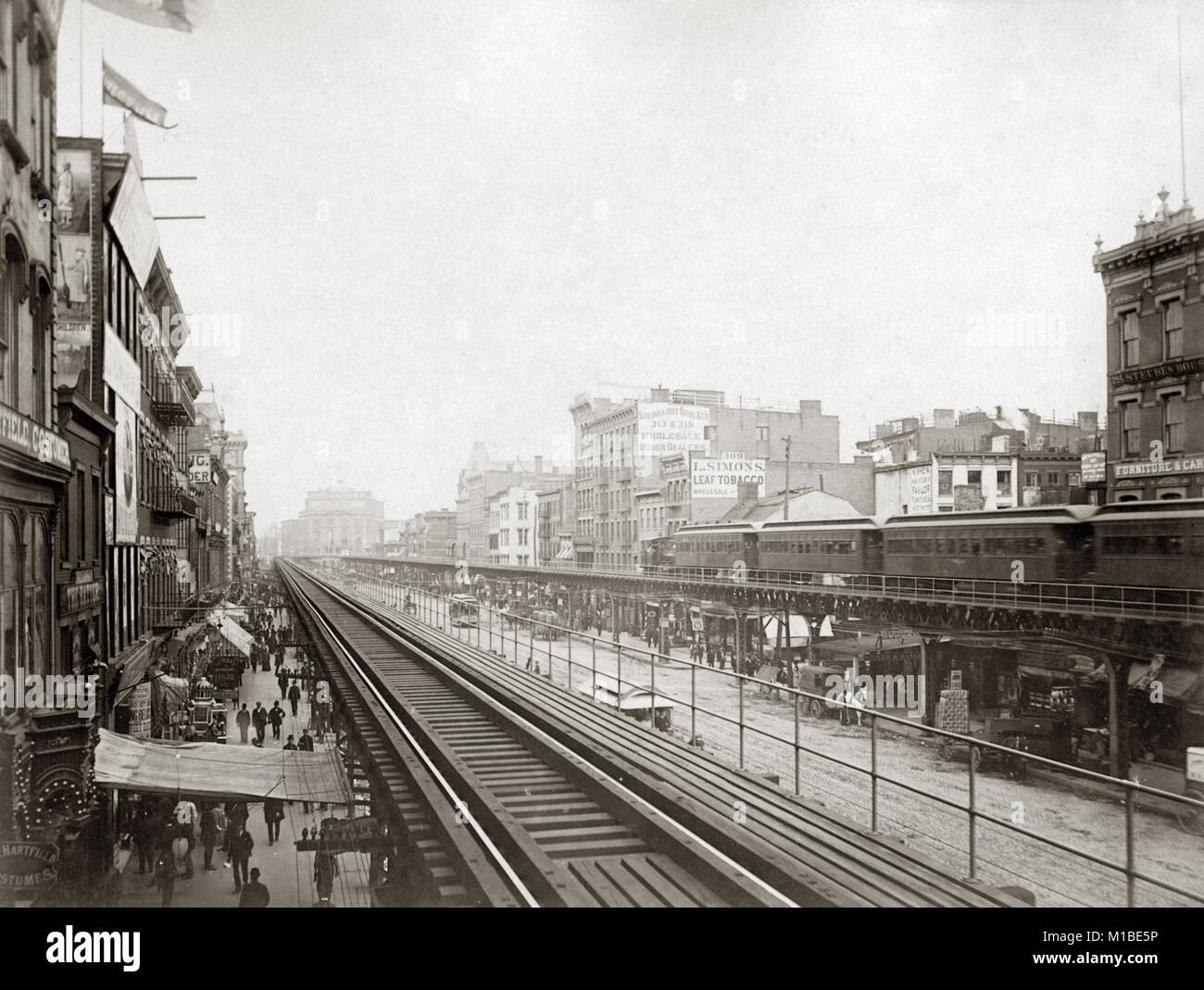 'El Train' railroad New York, c.1900 View in the Bowery, north of
