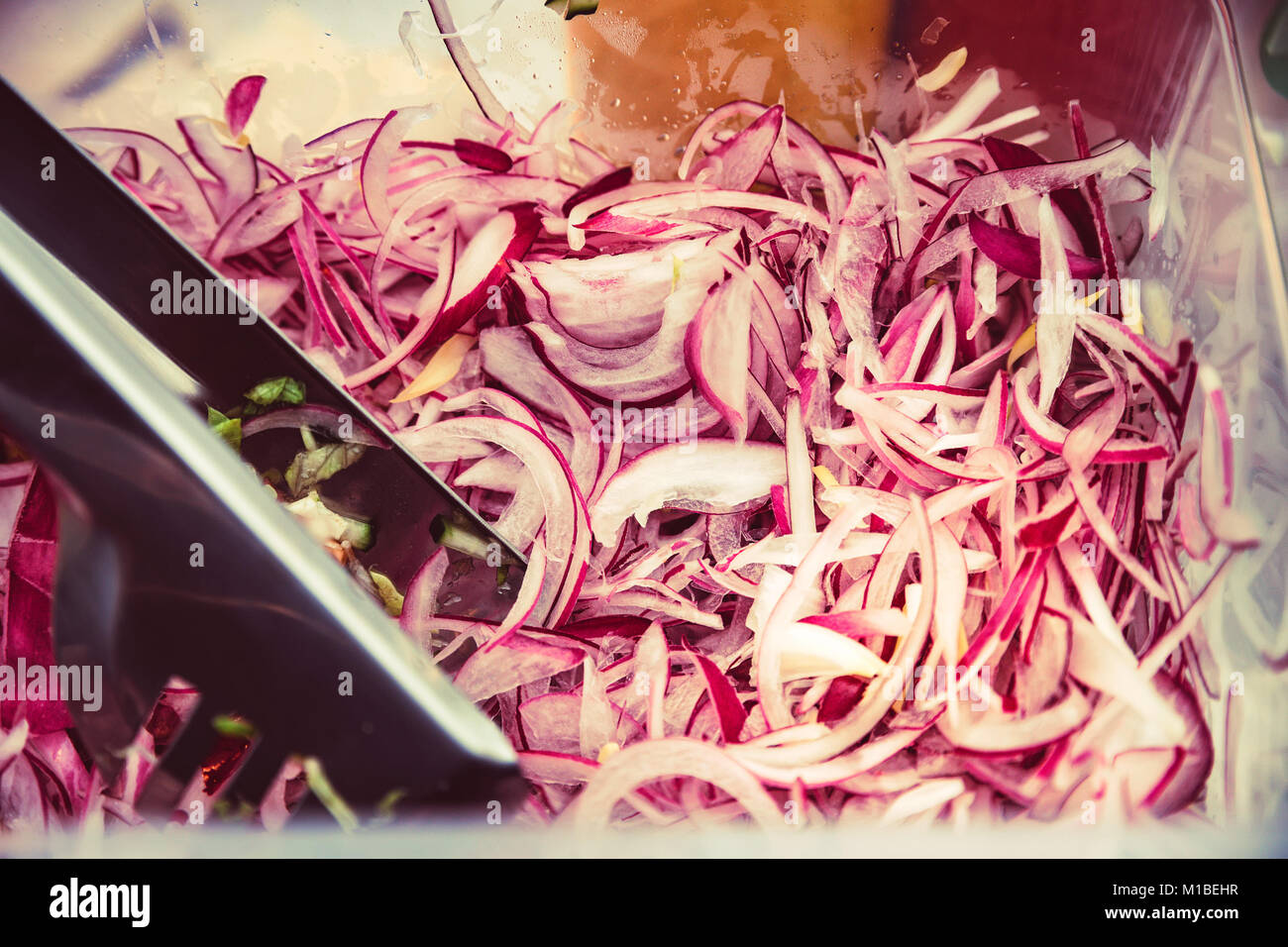 Close up plastic container filled with chopped red onion, healthy food concept Stock Photo Alamy