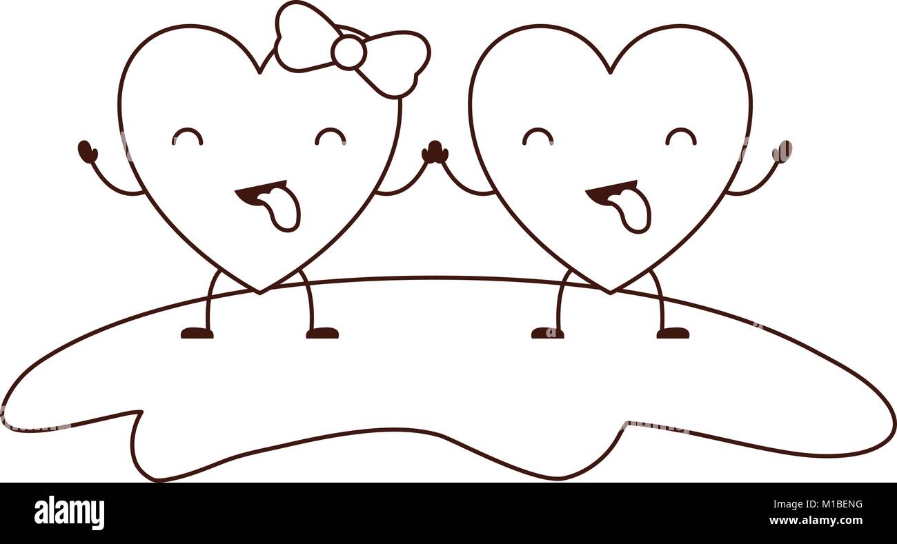 couple heart character kawaii holding hands and closed eyes and her with topknot in funny expression in brown contour Stock Vector