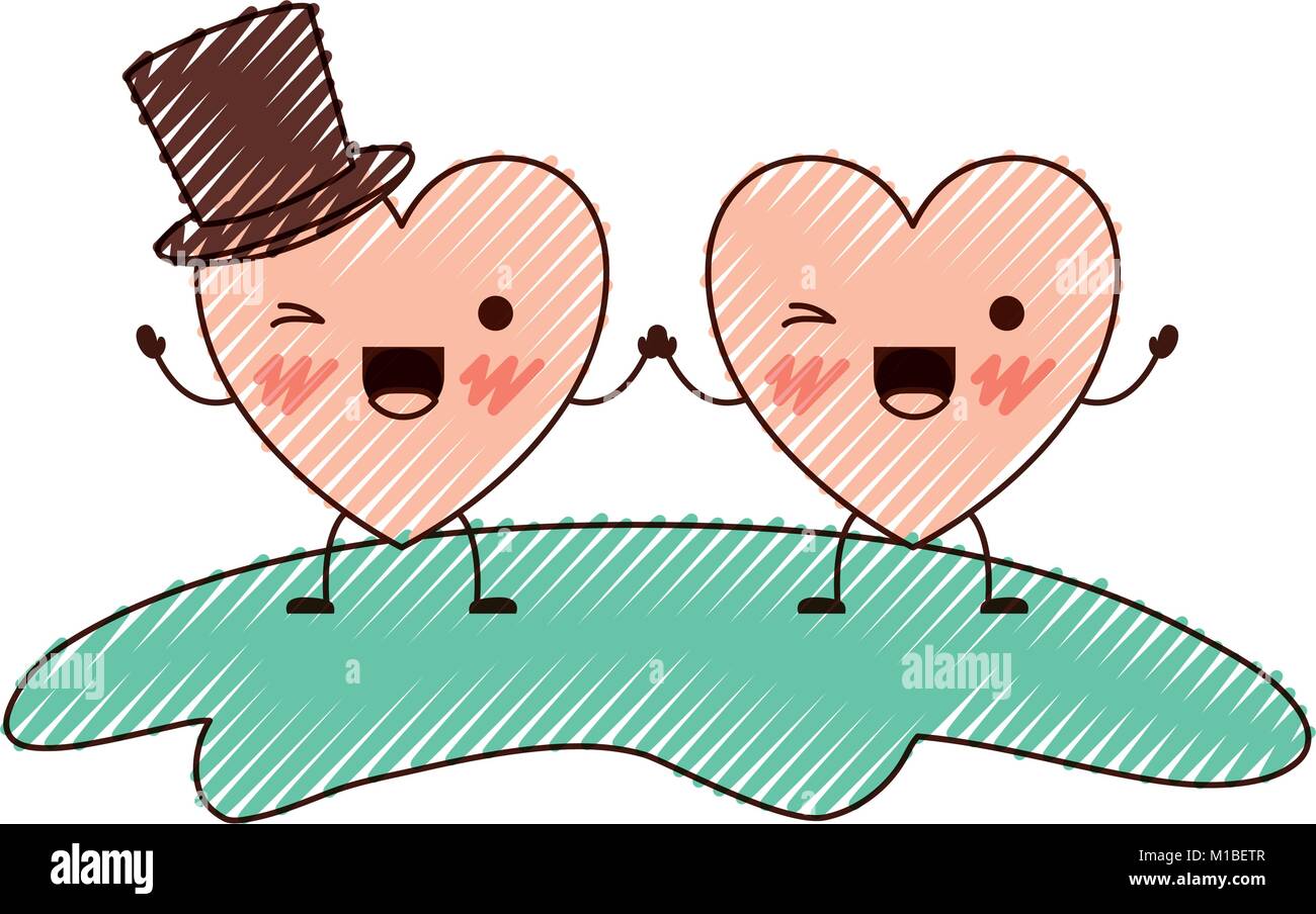 couple heart character kawaii holding hands and him with top hat in ...