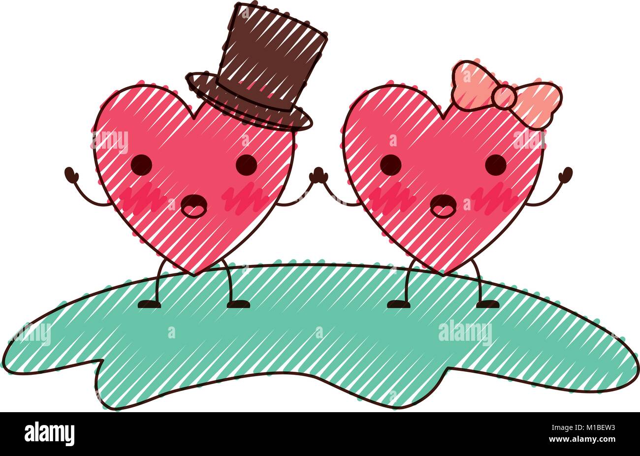 couple heart character kawaii holding hands and him with top hat and ...