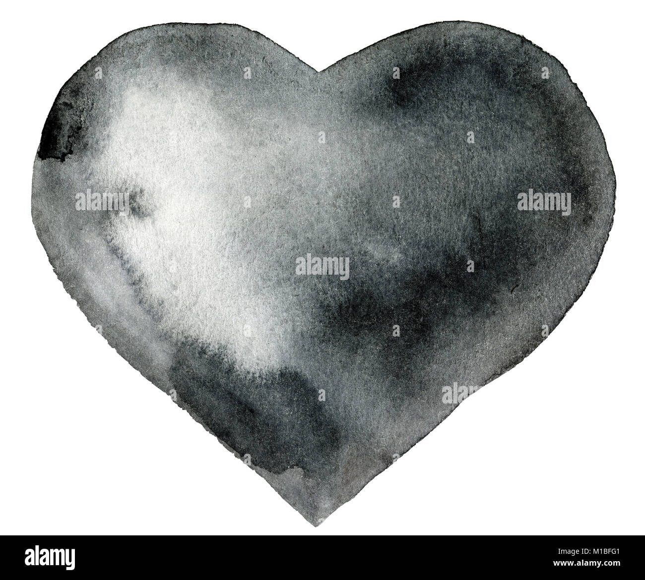 watercolor black heart with light and shade, painted by hand Stock