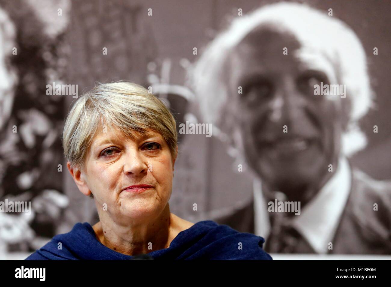 The President of the Radical Party, Rita Bernardini, with a picture of Marco Pannella, at the Radical Party headquarters, Rome, Italy, Dec 13, 2017    Stock Photo