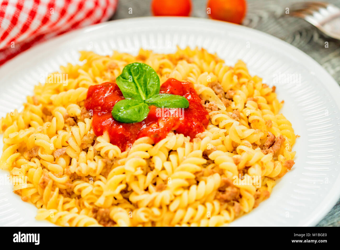 Traditional Italian pasta or fussili bolognese Stock Photo Alamy