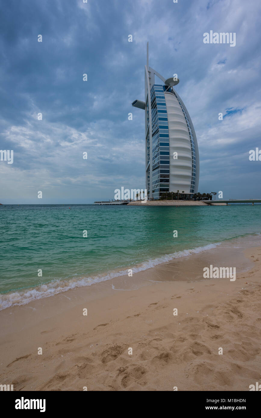 Views of the luxury beachfront hotel Burj Al Arab located on a manmade