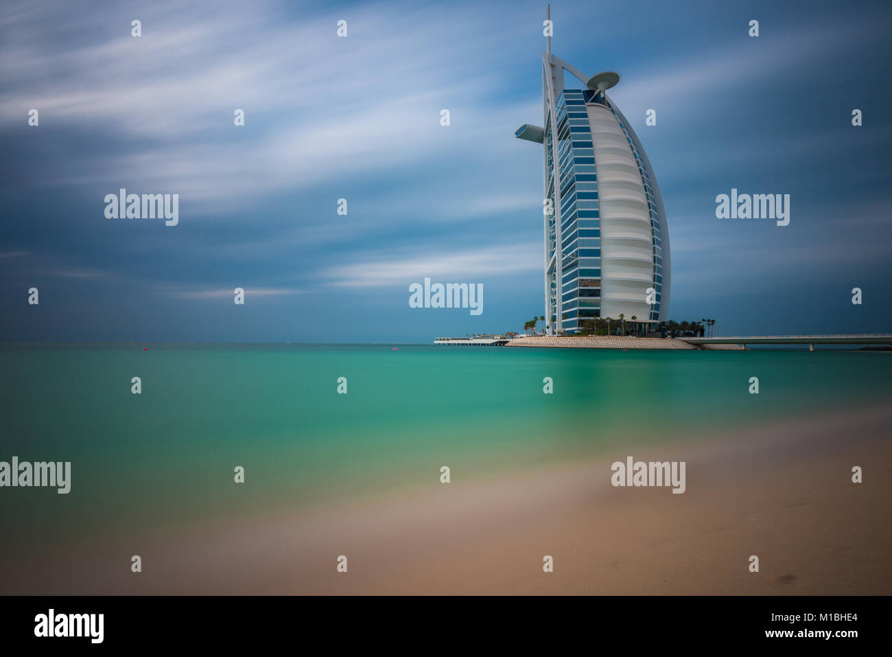 Views of the luxury beachfront hotel Burj Al Arab located on a manmade