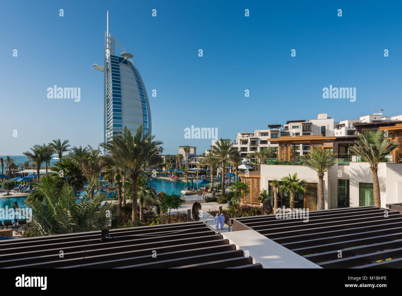 Views of the luxury beachfront hotel Burj Al Arab located on a man-made island in Dubai, UAE, United Arab Emirates Stock Photo