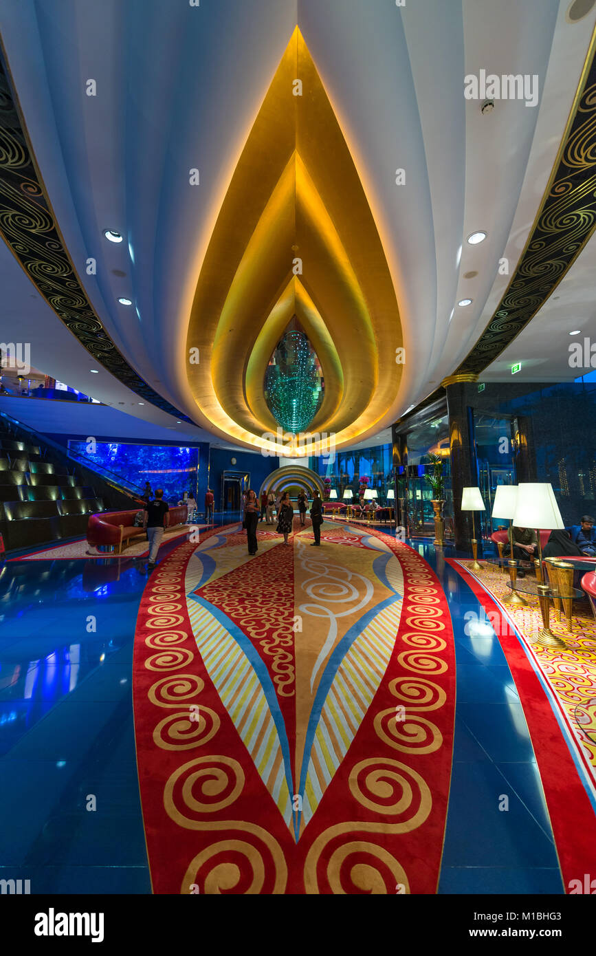 Interior of Burj Al Arab, a luxury hotel located on a man-made island in Dubai, UAE, United Arab Emirates Stock Photo