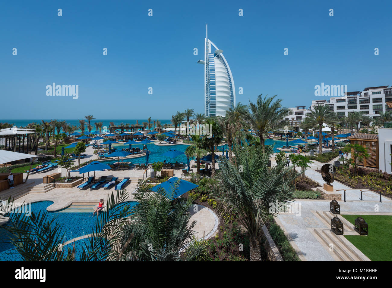 Views of the luxury beachfront hotel Burj Al Arab located on a man-made island in Dubai, UAE, United Arab Emirates Stock Photo