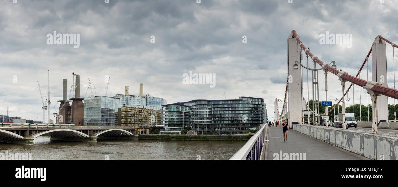 View of Battersea Powerstation, riverside luxury apartments buildings and Chelsea Bridge, London, UK Stock Photo