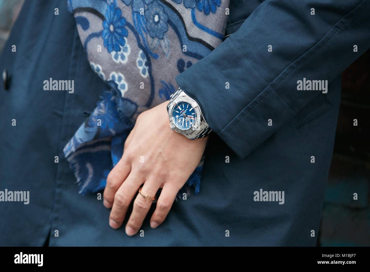 MILAN - JANUARY 15: Man with Breitling watch with blue jacket before Fendi  fashion show, Milan Fashion Week street style on January 15, 2018 in Milan  Stock Photo - Alamy