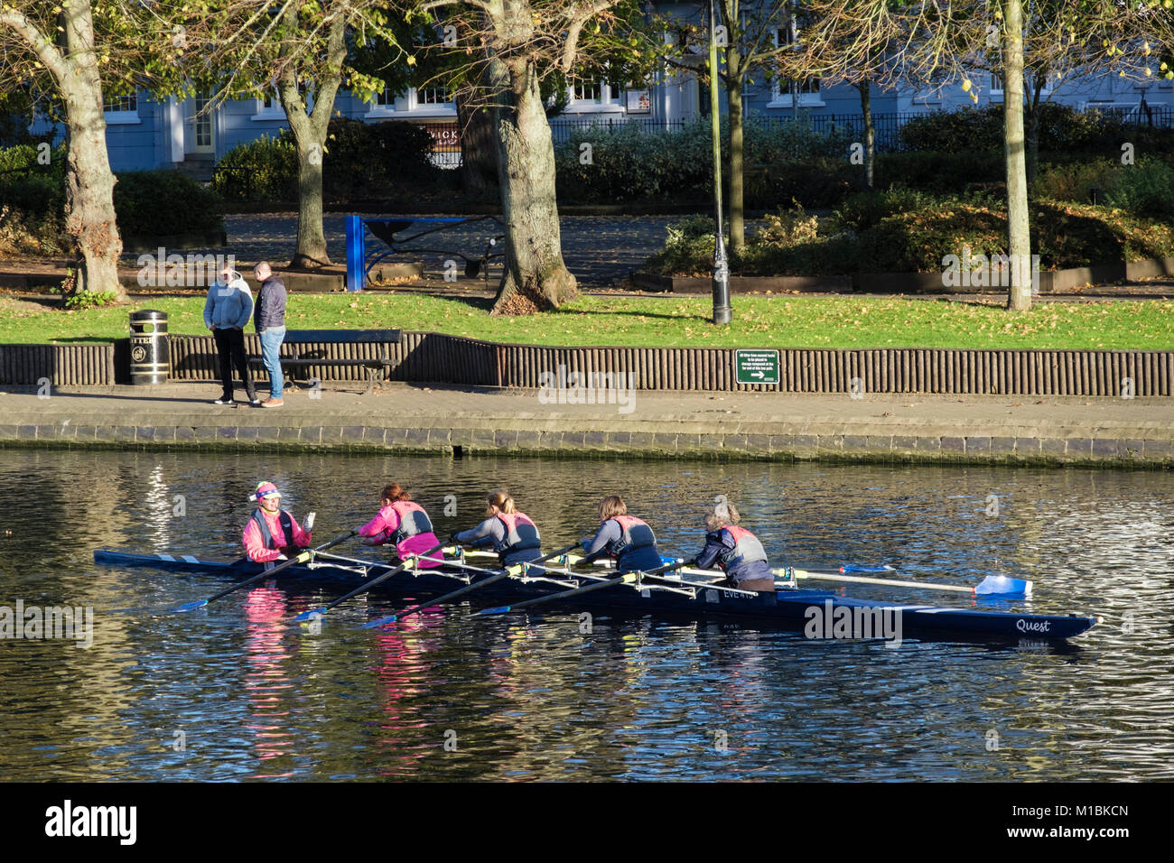 Women's team of four rowers with cox rowing on River Avon in Evesham