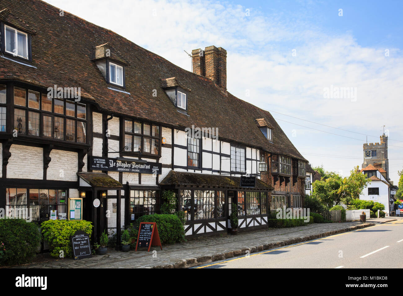 Ye Maydes Restaurant in a black and white timbered Tudor building on the main street through Biddenden, Kent, England, UK, Britain Stock Photo