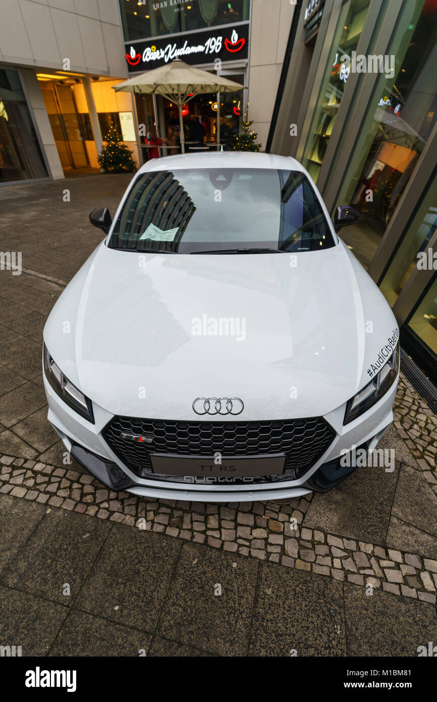 BERLIN - DECEMBER 21, 2017: Showroom. Compact sports coupe Audi TT RS. Since 2016. Stock Photo