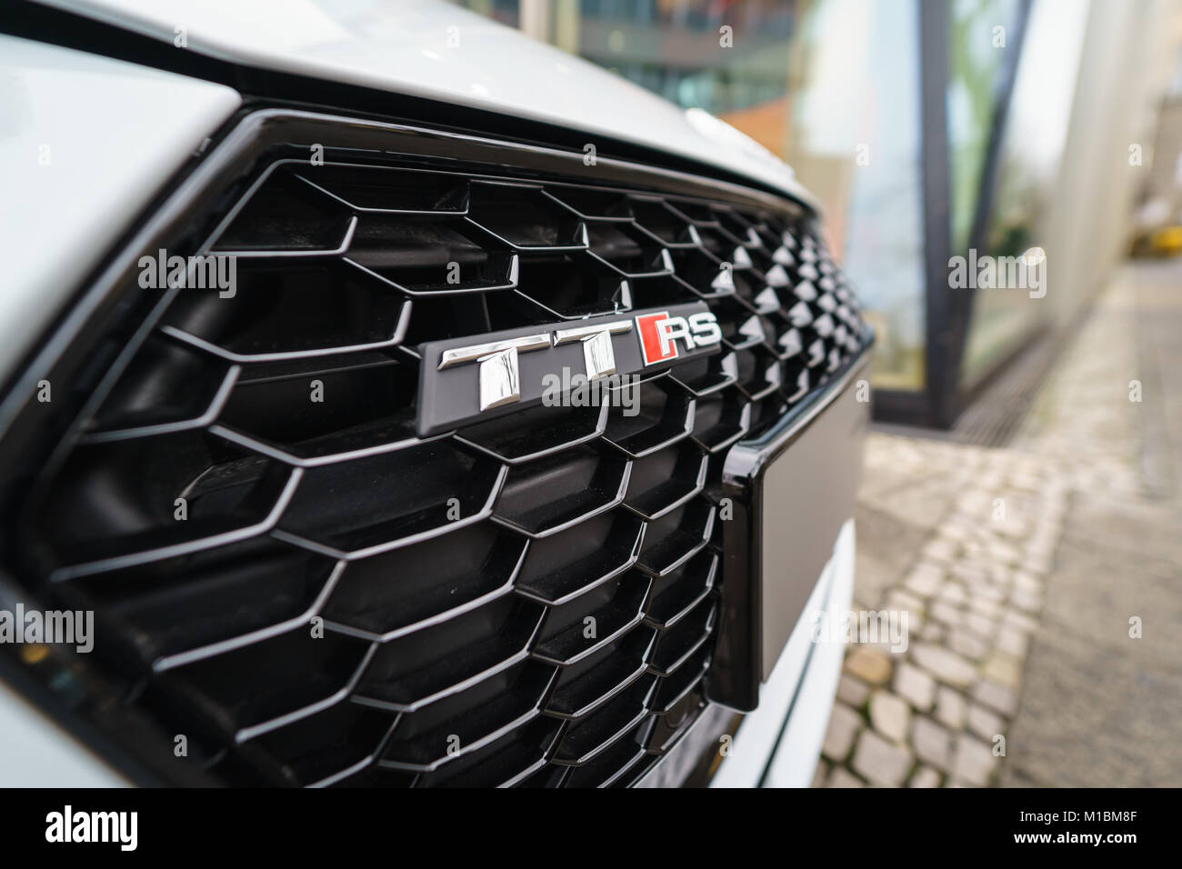 BERLIN - DECEMBER 21, 2017: Showroom. Emblem of the compact sports coupe Audi TT RS. Since 2016. Stock Photo