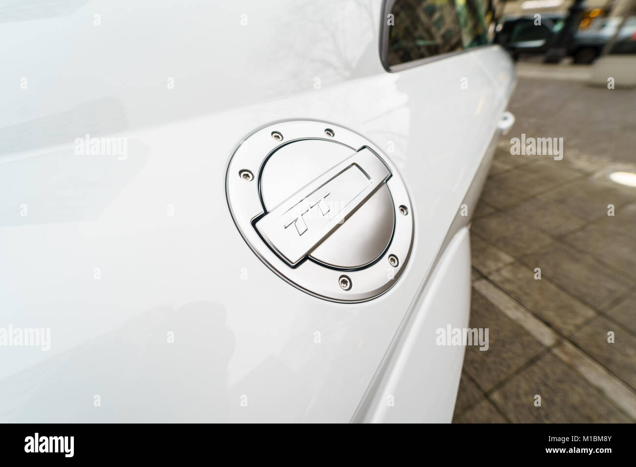 BERLIN - DECEMBER 21, 2017: Showroom. Fuel tank cap of the compact sports coupe Audi TT RS. Since 2016. Stock Photo