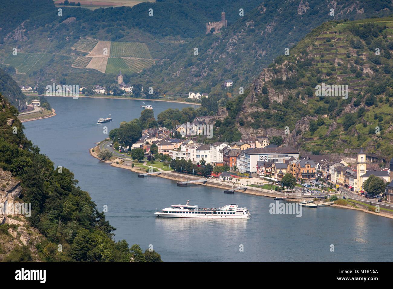 Excursion ship on the Rhine, Upper Middle Rhine Valley, near St. Goar, Germany Stock Photo