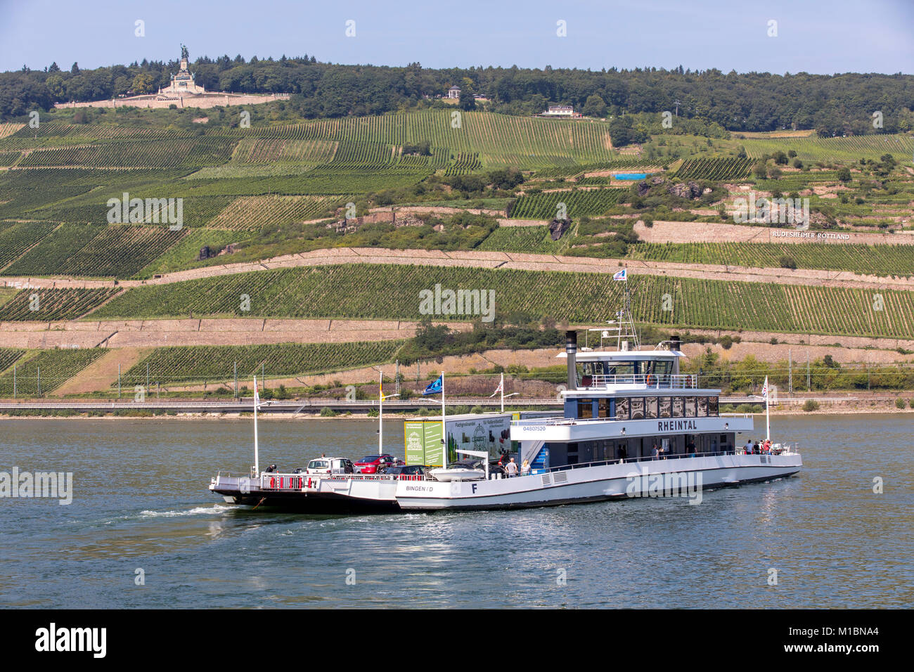 Niederwald monument, Germania statue, part of the UNESCO World Heritage Upper Middle Rhine Valley, above the Rhine near RŸdesheim, Germany, car ferry, Stock Photo