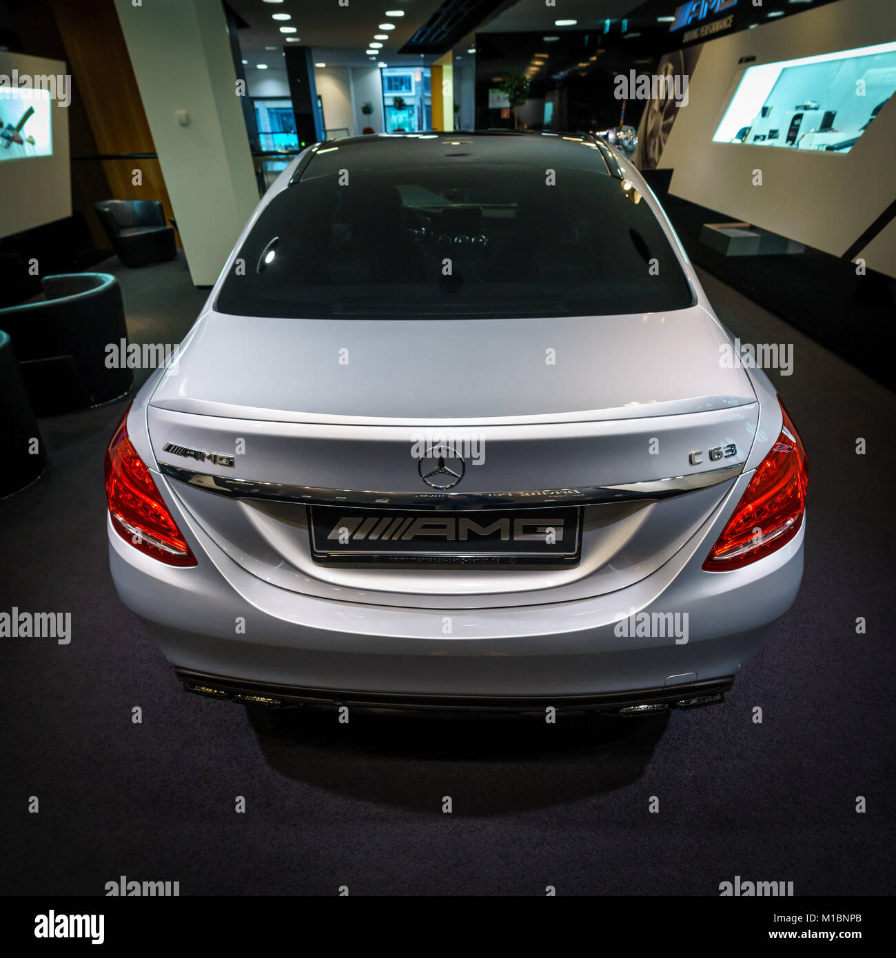 Berlin December 21 17 Showroom Mid Size Car Mercedes Benz C Class Amg C63 W5 Rear View Since 15 Stock Photo Alamy