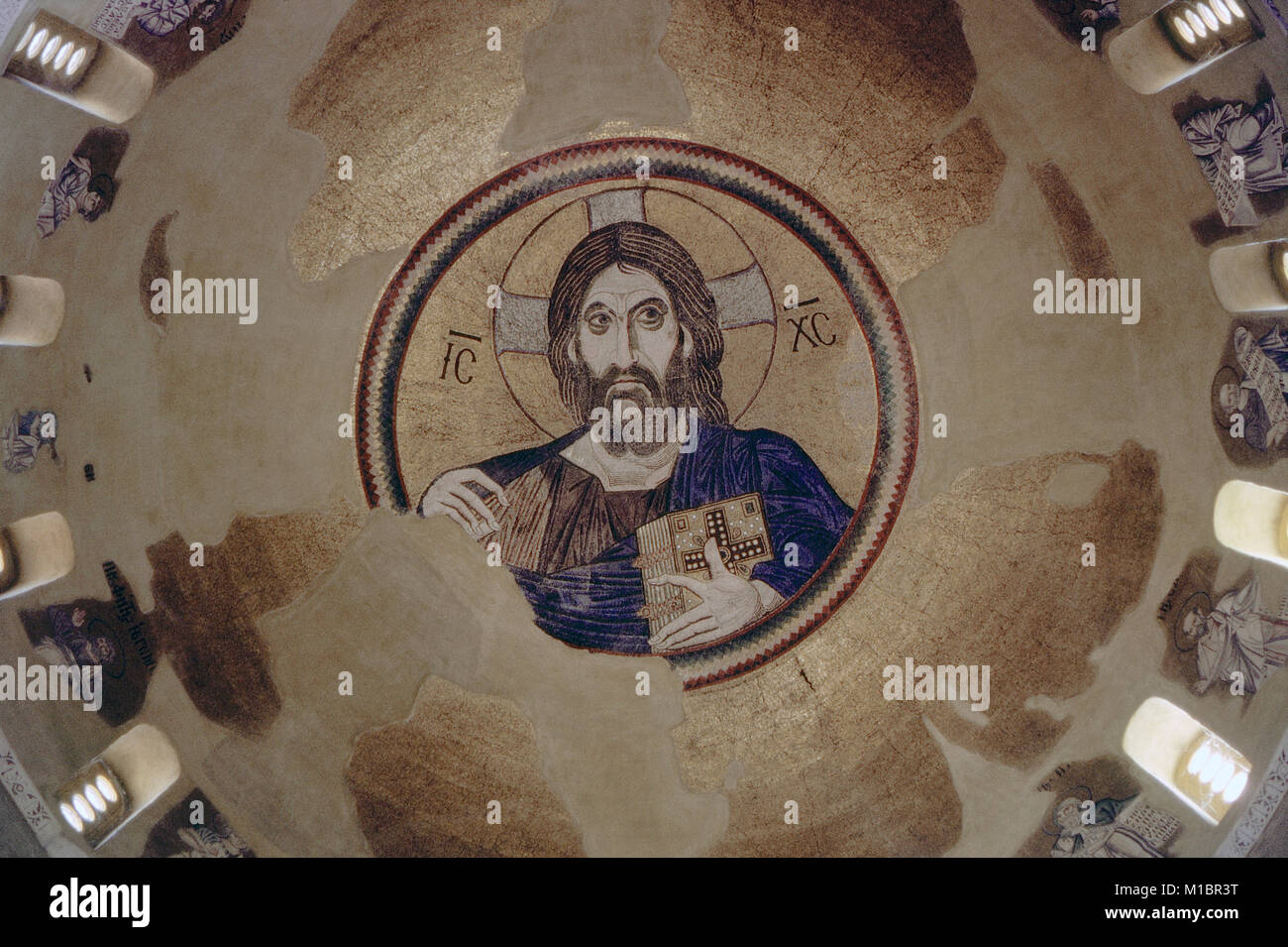 Christ Pantocrator Mosaic, Dome of Daphni Monastery, Interior View, Chaidari, Greece, 1963 Stock Photo