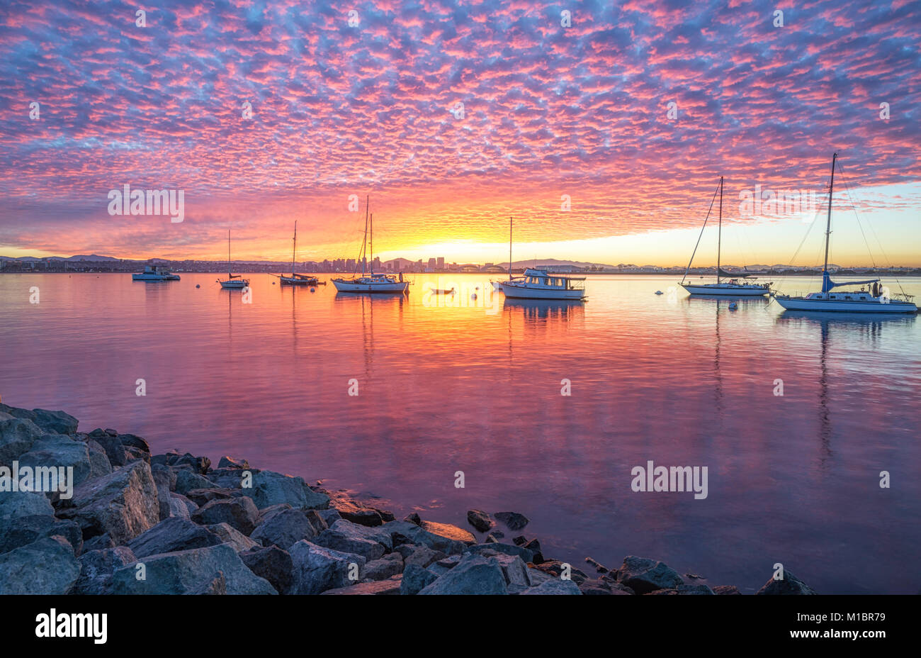Vibrant sunrise at San Diego Harbor with view of boats and skyline. San