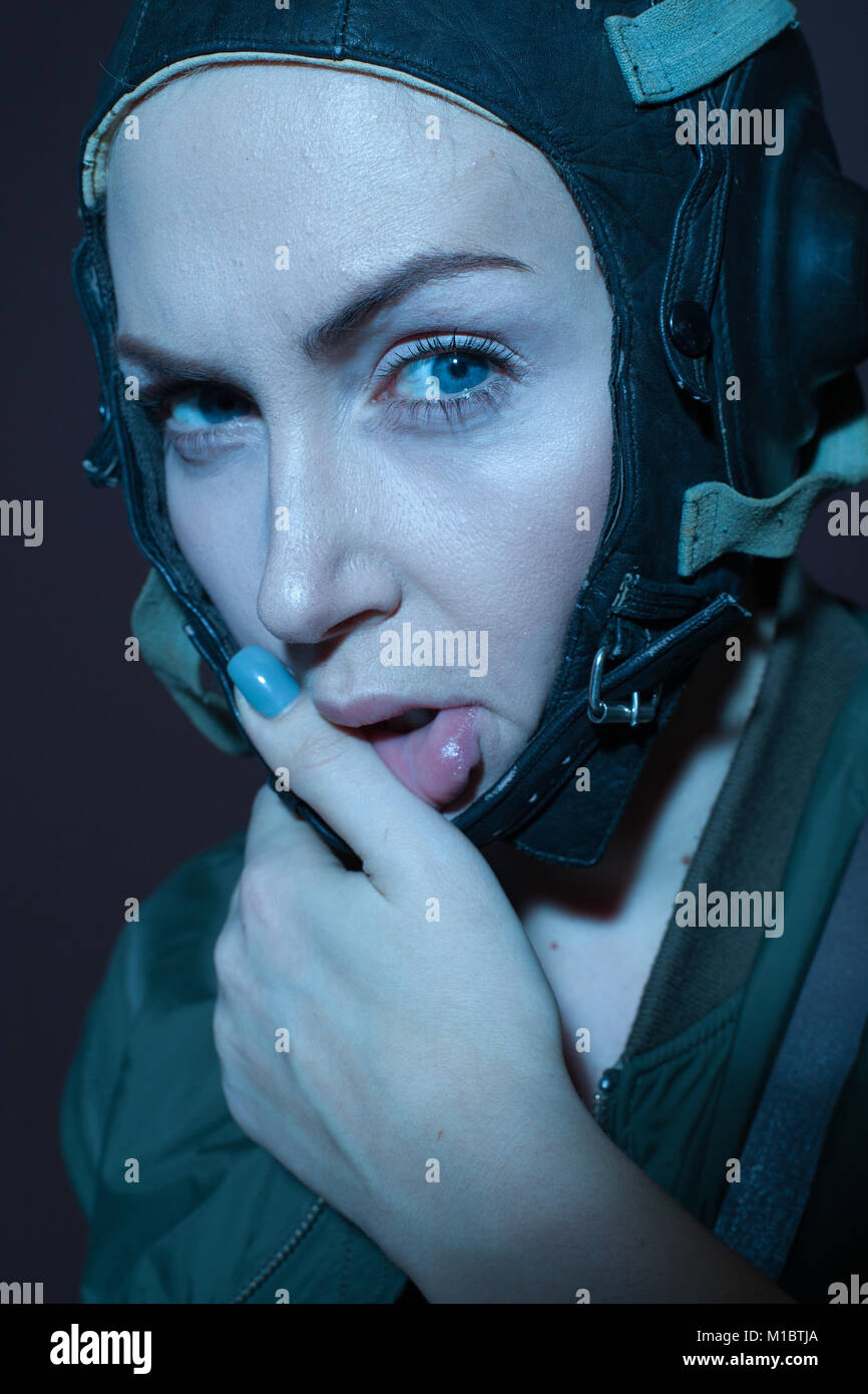 Portrait of a girl wearing a helmet Aviator retro Stock Photo