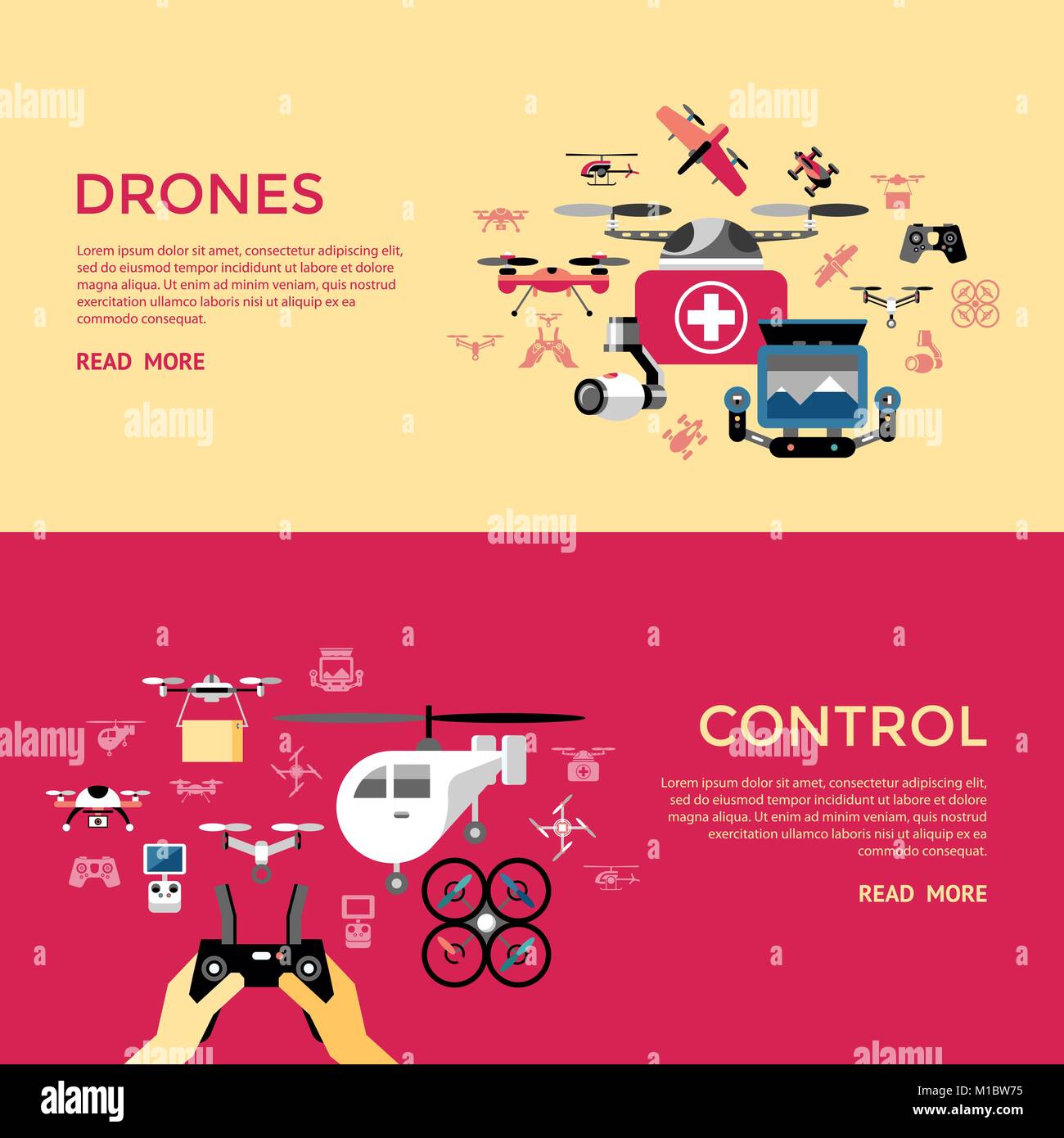 Digital vector flying drone control objects color simple flat icon set ...