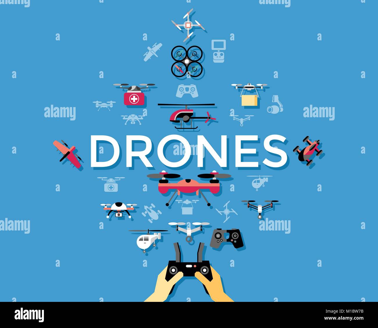 Digital vector flying drone objects color simple flat icon set ...