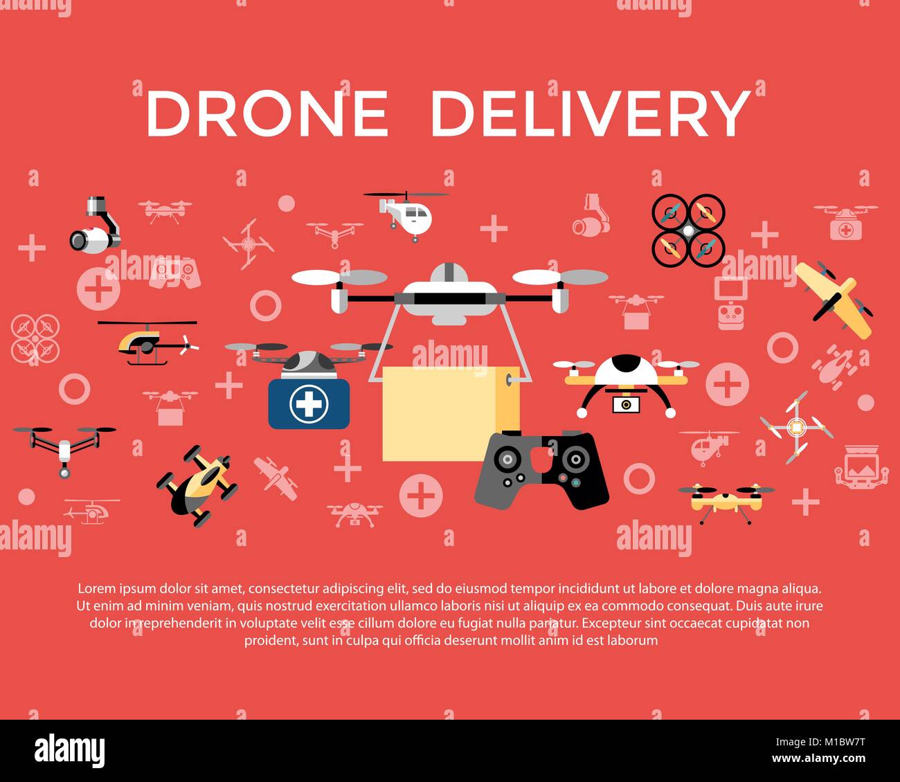 Digital vector flying drone delivery objects color simple flat icon set ...