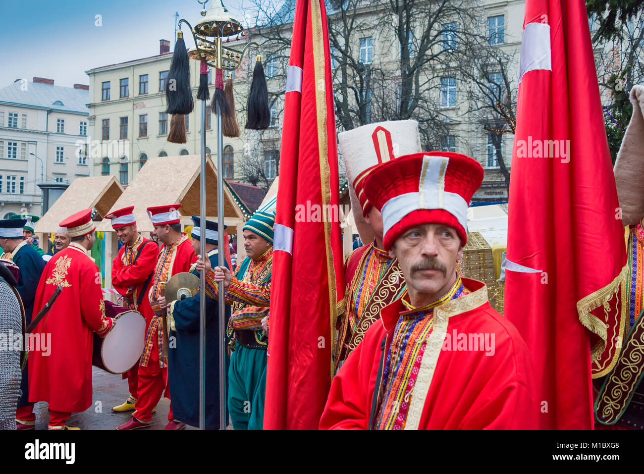 Lviv, Ukraine - January 07, 2018:  Christmas events in the center of the city. Unknown artists in folk costumes prepare for the performance in the hea Stock Photo