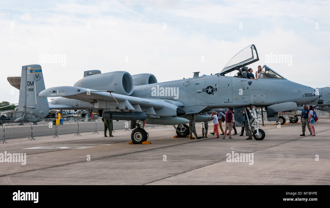 A US Air Force A-10 Thunderbolt aircraft on static public display at the RNAS Yeovilton Air Day, UK on the 11th July 2015. Stock Photo