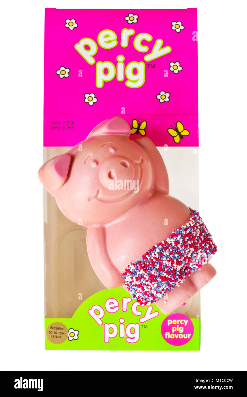 Marks & Spencer Percy Pig chocolate removed on top of box isolated on white background Stock Photo