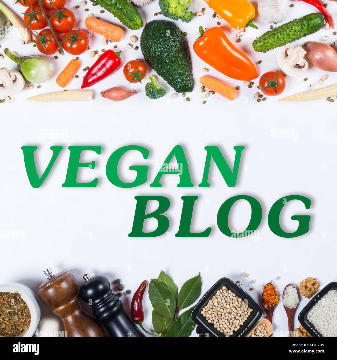Vegan blog concept. Big set of vegetables and spices on a white