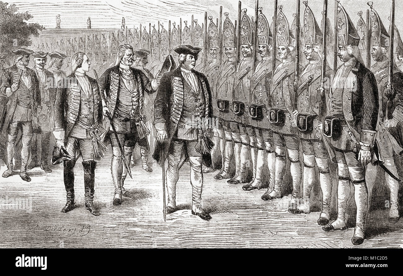Frederick William I inspecting his giant guards known as The Potsdam Giants, a Prussian infantry regiment No 6, composed of taller-than-average soldiers.  Frederick William I of Prussia, 1688 – 1740, aka Soldier King.  King in Prussia and Elector of Brandenburg.  From Ward and Lock's Illustrated History of the World, published c.1882. Stock Photo