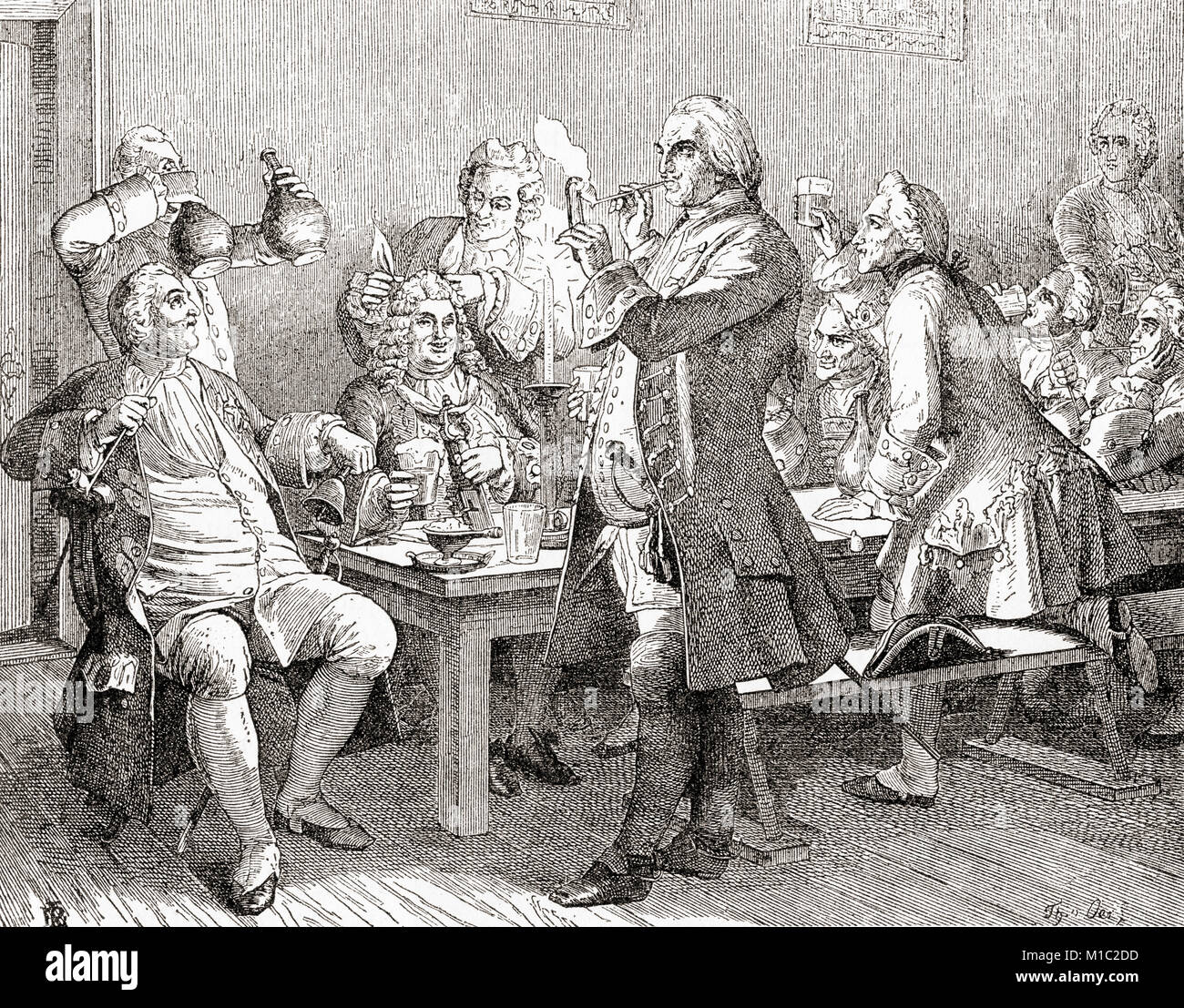 The tobacco club or Tabagie of Frederick William I. A tabagie is a room designated for smoking tobacco and socializing.   Frederick William I of Prussia, 1688 – 1740, aka Soldier King.  King in Prussia and Elector of Brandenburg.  From Ward and Lock's Illustrated History of the World, published c.1882. Stock Photo