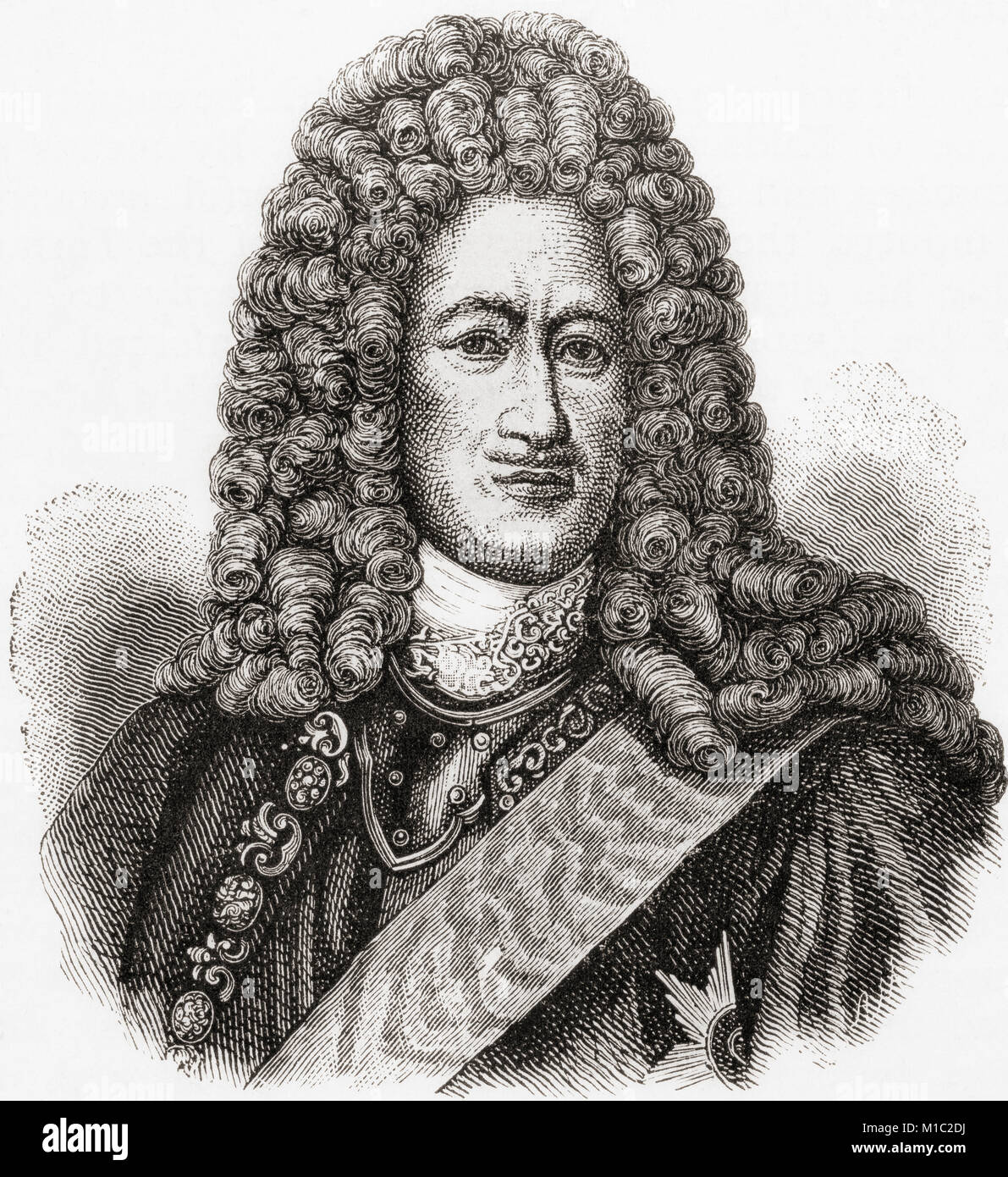 Prince Alexander Danilovich Menshikov, 1673 – 1729.  Russian statesman, Generalissimo of Russian Imperial Army, Admiral of Russian Imperial Navy, Prince of the Russian Empire, Duke of Izhora (Duke of Ingria), Prince of the Holy Roman Empire and Duke of Cosel.  From Ward and Lock's Illustrated History of the World, published c.1882. Stock Photo