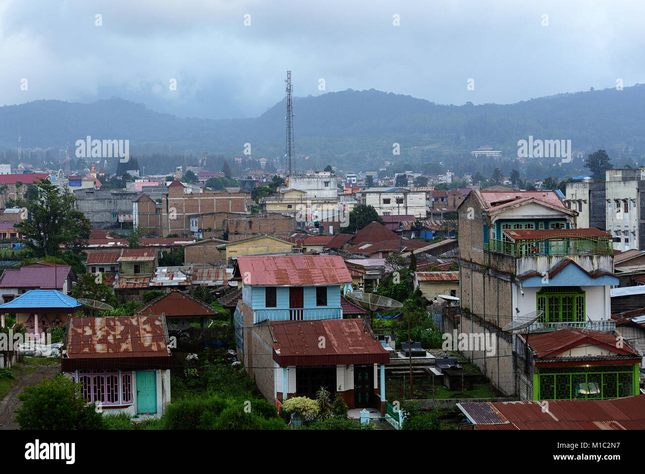 View of the Berastagi town, Sumatra, Indonesia. Stock Photo