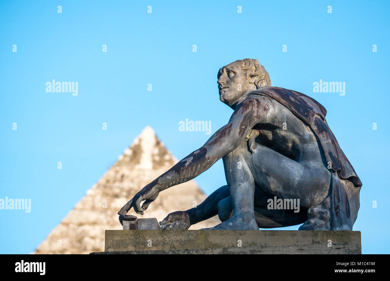 Arrotino or blade sharpener, statue of crouching man figure, knife